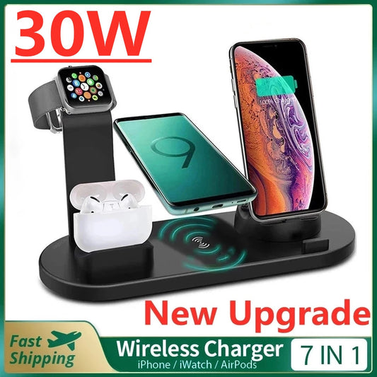 30w 7 In 1 Wireless Charger Stand Pad For Iphone 14 13 12 X Apple